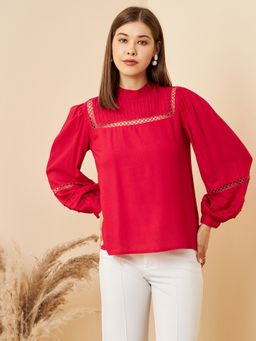 RARE - Women Casual Fuchsia Colour High Neck Solid Regular Top