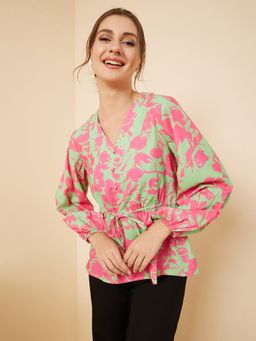 RARE - Women Casual Mint Green Colour V-neck Abstract Regular Top