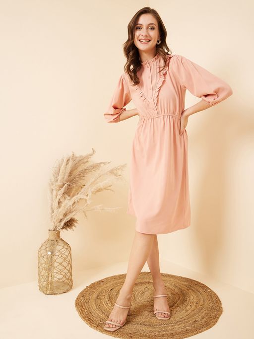 Buy RARE Women Casual Peach Colour Midi Solid Dress Online