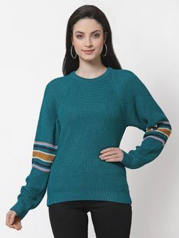 Club York - Women Teal Brown Ribbed Pullover Sweatshirt