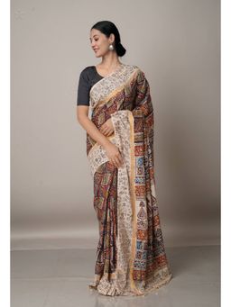 Unnati Silks - Multi Pure Kalamkari Block Printed Silk Saree with Unstitched Blouse