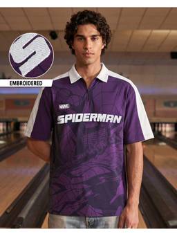Bewakoof - Marvel Purple Spiderman Graphic Printed Oversized Zipper Polo T-shirt