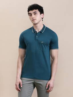 Crocodile - Teal Cotton Solid T-Shirt