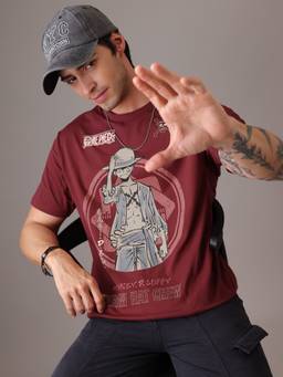 Free Authority - Official One Piece Monkey D Luffy Straw Hat Print Maroon T-Shirt
