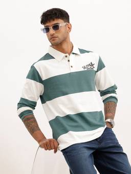 WROGN - Green Comfort Fit Full Sleeve Striped Polo T-Shirt