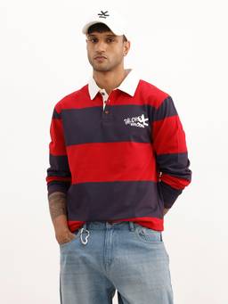 WROGN - Red Comfort Fit Full Sleeve Striped Polo T-Shirt