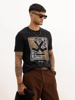 WROGN - Black Slim Fit Placement Printed T-Shirt
