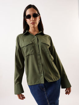 DL WOMAN - Solid Spread Collar Casual Green Shirt