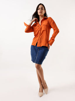 DL WOMAN - Solid Spread Collar Casual Orange Shirt