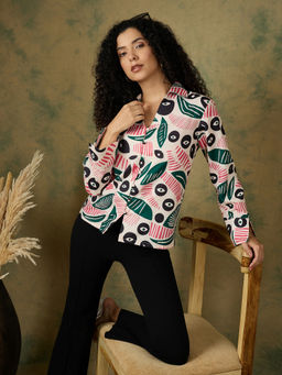 Kibo - Women Comfort Fit Abstract Printed Spread Collar Cotton Casual White Shirt