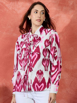 Kibo - Women Standard Relaxed Fit Abstract Printed Spread Collar Cotton Casual Pink Shirt