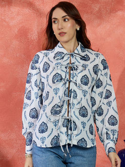 Kibo - Standard Floral Printed Cotton Spread Collar Off White Shirt