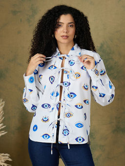 Kibo - Comfort Fit Conversational Printed Spread Collar Cotton White Shirt