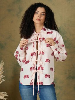 Kibo - Women Comfort Relaxed Fit Floral Printed Spread Collar Cotton Casual Cream Shirt