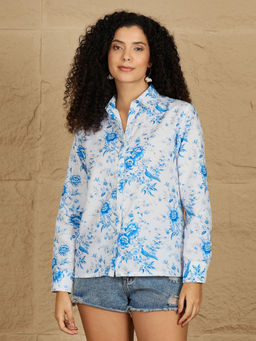 Kibo - Women Comfort Fit Floral Printed Spread Collar Casual Blue Shirt