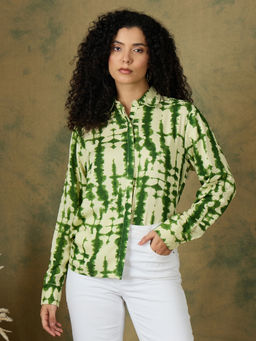 Kibo - Comfort Fit Tie and Dye Spread Collar Green Shirt