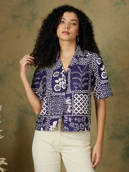 Kibo - Comfort Fit Geometric Printed Spread Collar Cotton Navy Blue Shirt
