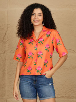 Kibo - Comfort Fit Floral Printed Spread Collar Orange Shirt