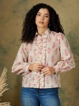 Kibo - Comfort Fit Abstract Printed Spread Collar Beige Shirt