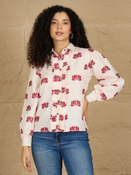 Kibo - Women Comfort Fit Floral Printed Spread Collar Casual Cream Shirt