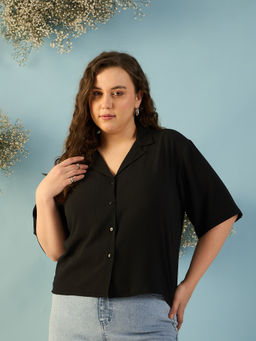 Kibo - Women Plus Size Comfort Relaxed Fit Cuban Collar Solid Casual Black Shirt