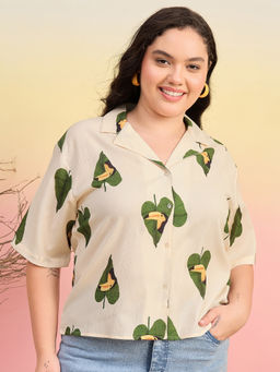 Kibo - Women Conversational Printed Relaxed Casual Beige Shirt