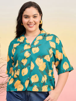 Kibo - Women Floral Printed Cuban Collar Relaxed Casual Teal Shirt