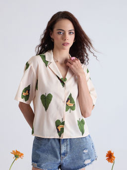 Kibo - Women Comfort Relaxed Fit Printed Casual Beige Shirt