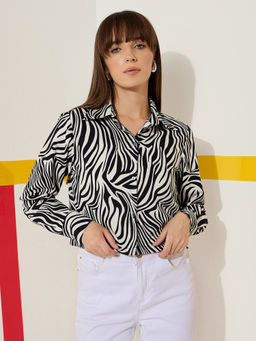 Kibo - Women Comfort Fit Abstract Printed Spread Collar Casual Black Shirt