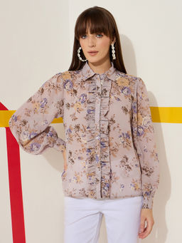 Kibo - Floral Printed Comfort Fit Casual Grey Shirt