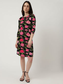 Marks & Spencer - Black Viscose Mix Floral Print Round Neck Dress