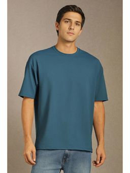 Louis Philippe - Men Blue Textured Crew Neck T-Shirt