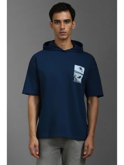 Louis Philippe - Men Navy Blue Solid Stylized Neck T-Shirt