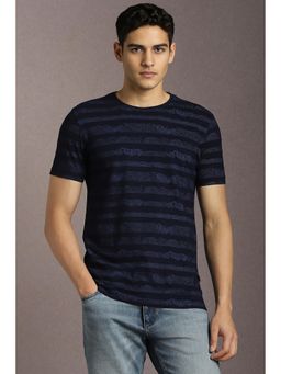 Louis Philippe - Men Navy Blue Stripes Crew Neck T-shirt