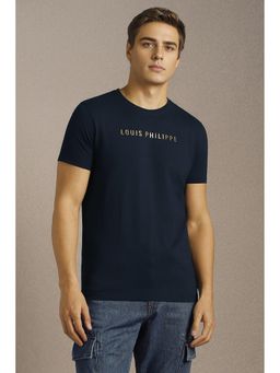 Louis Philippe - Men Navy Blue Solid Crew Neck T-Shirt