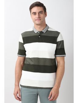 Peter England - Men White Stripes Polo T-Shirt