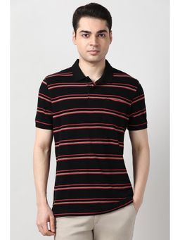 Peter England - Men Black Stripes Polo T-Shirt