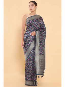 Soch - Women Navy Blue Silk Embroidered Saree with Stitched Blouse