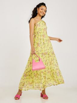 Styli - Yellow One Shoulder Tie Detail Floral Print A-line Maxi Dress