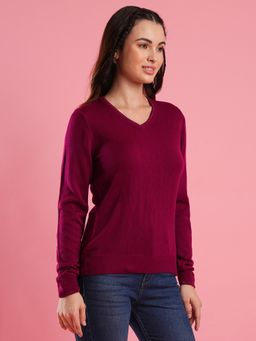 Globus - Women Pink V-Neck Self Design Ribbed Hem Flat Knitted Pullover Sweater