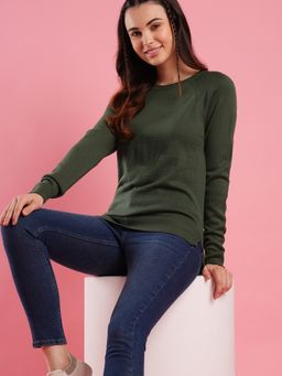 Globus - Green Round Neck Raglan Sleeves Ribbed High Low Hem Flat Knitted Pullover Sweater
