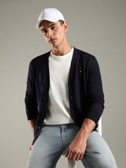 Tommy Hilfiger - Navy Blue Solid Regular Fit Cotton Cardigan