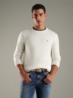 Tommy Hilfiger - Off White Solid Regular Fit Cotton Sweater