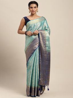 Mimosa - Women's Kanjivaram Art Silk Turquoise Saree with Unstitched Blouse
