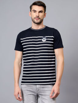 Cantabil - Men Navy Blue Striped Round Neck Half Sleeve T-Shirt