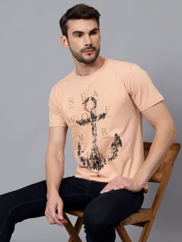 Cantabil - Men Peach Typographic Round Neck Half Sleeve T-Shirt