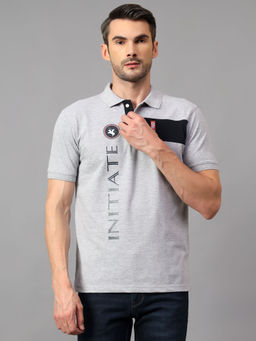 Cantabil - Men Grey Typographic Collar Neck Half Sleeve Polo T-Shirt
