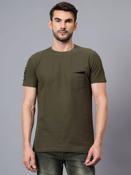 Cantabil - Men Green Textured Round Neck Half Sleeve T-Shirt
