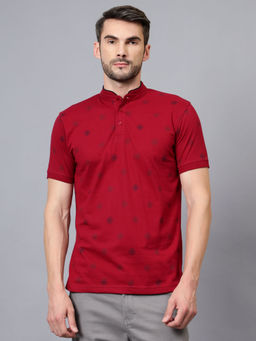 Cantabil - Men Maroon Printed High Neck Half Sleeve Polo T-Shirt
