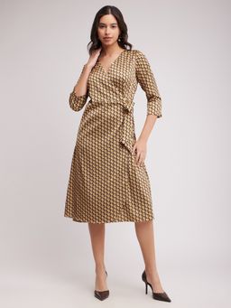 FableStreet - Geometric Print Wrap Dress - Brown And Beige